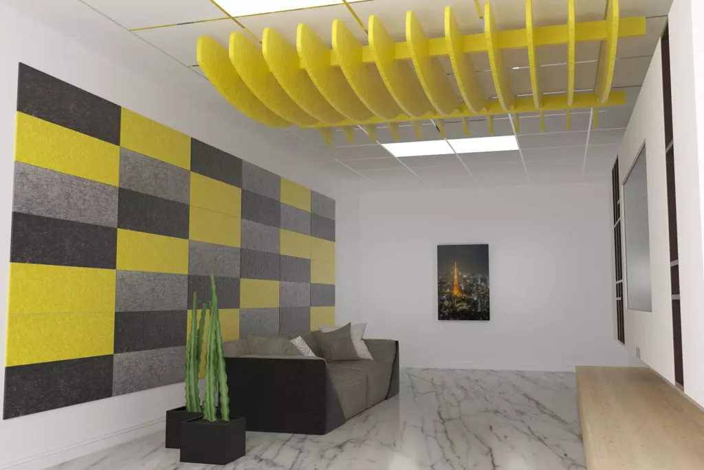 Jeddah coworking area featuring gray PET panels behind desks; employees collaborate comfortably because echoes decline and speech clarity noticeably improves