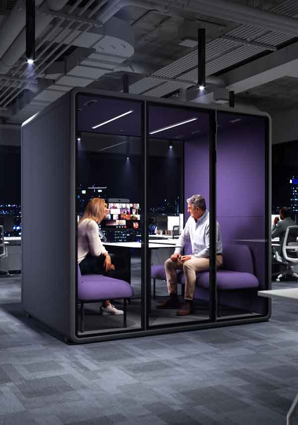 Silent Space 4 Person Booth used for hybrid video calls