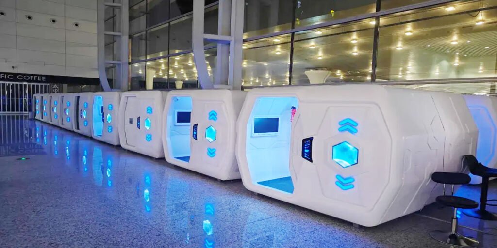 Single person sleeping pod in Riyadh airport-style installation